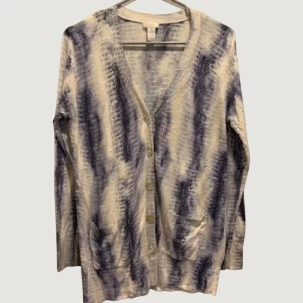 Chicos Blue‎ White Tie Dye Stripe Metallic Cardigan Sweater Womens Size 1 Medium